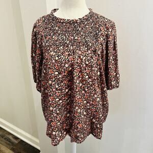 Knox Rose Women's S Ruffle Short Sleeve Smocked Floral Blouse Brick Red (A0127)